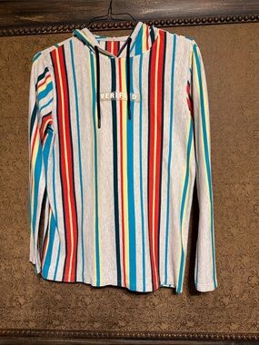 Verified Multicolor Striped Hooded Long Sleeve Tee - Gray Base